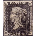 GREAT BRITAIN STAMP PENNY BLACK Plate 4 (MA) four margin cancelled by black MX,