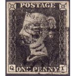 GREAT BRITAIN STAMP PENNY BLACK Plate 6 (QI), very fine four margin example cancelled by black MX.