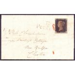 PENNY BLACK STAMP ON COVER : Unplated four margin (DL) (it measures to plate 8 but no Q flaw).