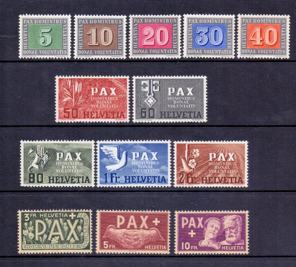 SWITZERLAND STAMPS 1945 Peace (PAX) set of 13, lightly M/M, SG 447-59.