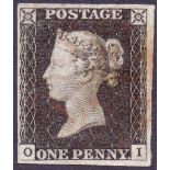 GREAT BRITAIN STAMP PENNY BLACK Plate 2 (OI) four margin example cancelled by Orange Red MX