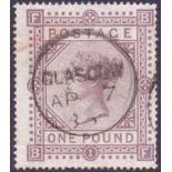 GREAT BRITAIN STAMP 1878 £1 Brown Lilac (BF), very fine used , cancelled by Glasgow CDS,