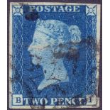 GREAT BRITAIN STAMP 1840 TWO PENNY BLUE Plate 1 (BI) fine used four margin example,