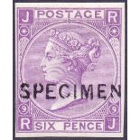 GREAT BRITAIN STAMP 1869 6d Mauve plate 9 (RJ) four margin imperf over printed SPECIMEN type 6 SG