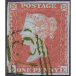 GREAT BRITAIN STAMP 1841 1d Red four margin example cancelled by GREEN Numeral SG 8p Cat £3250