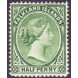 FALKLANDS STAMPS 1891-1902 QV 1/2d green with watermark Crown CA reversed, mint but no gum, SG 16ax.