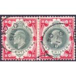 GREAT BRITAIN STAMP 1902 1/- Dull Green and Carmine, superb used pair cancelled by Nutley CDS.