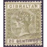 GIBRALTAR STAMPS 1889 20c olive green fine used, with slight partial flat top to "C", SG 25var.