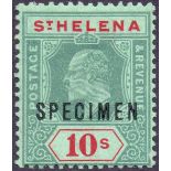 ST HELENA STAMPS 1908 10/- Green and Red Green Over-Printed Specimen,