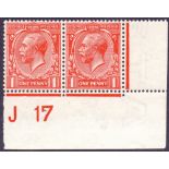 GREAT BRITAIN STAMP 1912 1d Scarlet Vermilion, superb unmounted mint Control J17 pair,