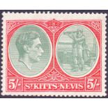 ST KITTS AND NEVIS STAMPS 1938 GVI 5/- grey-green & scarlet on chalk-surfaced paper, perf 14,