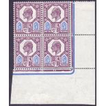 GREAT BRITAIN STAMP 1912 5d Deep Plum and Cobalt Blue mounted mint corner block of four with date