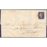 1840 2D BLUE STAMP ON COVER : Plate 1 (HD) 2 margin example tied to wrapper by Red MX,