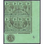 BRITISH SOLOMAN ISLANDS STAMPS 1927 /- Black/ Emerald corner marginal plate block of four,