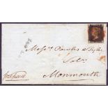 PENNY BLACK STAMP ON COVER : Plate 5 (LJ) fine four margin on wrapper , Nov 30th 1840 to Monmouth,