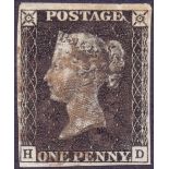 GREAT BRIATIN STAMP PENNY BLACK Plate 7 (HD) four margin example but repair to top right corner.