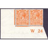 GRETA BRITAIN STAMP 1921 2d Orange fine mounted mint corner Control pair W 24 (imp) scarce control