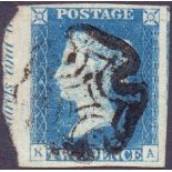 GRETA BRITAIN STAMP 1840 TWO PENNY BLUE Plate 1 (KA) four massive margins including part