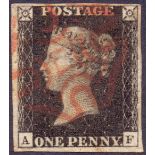 GREAT BRITAIN STAMP PENNY BLACK Plate 5 (AF) four margin cancelled by Red MX