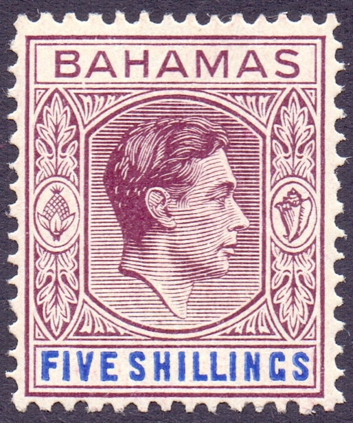 BAHAMAS STAMPS 1948 5/- Brown Purple and Deep Bright Blue,