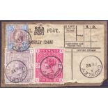 GREAT BRITAIN STAMPS : 1902 QV 2/6 and 5/- plus 9d Jubilee on Chorley Parcel Post label,