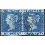 GREAT BRITIAN STAMP :1841 2d Blue plate 3, very fine four margin pair cancelled by the scarce No.