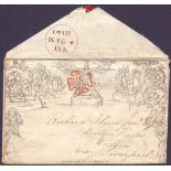 GREAT BRITAIN POSTAL HISTORY :1840 Mulready Penny envelope used on 24th May 1840 which was the