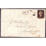 PENNY BLACK STAMP ON COVER :Unplated four margin Penny Black (SE) on entire Ilford to Manchester,