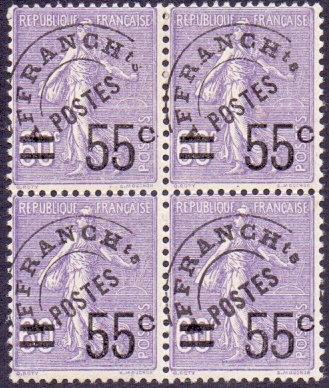 FRANCE STAMPS : 1926 55c on 60c violet pre-cancel issue in U/M block of four, SG 443.