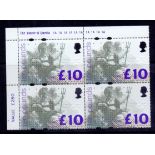 Great Britain Stamps : 1993 £10 top corner block of 4 unmounted mint with Clyinder no 1A