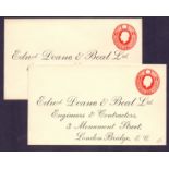 GREAT BRITIAN POSTAL HISTORY GV mint postal stationery envelopes addressed to Edward Deane Beale