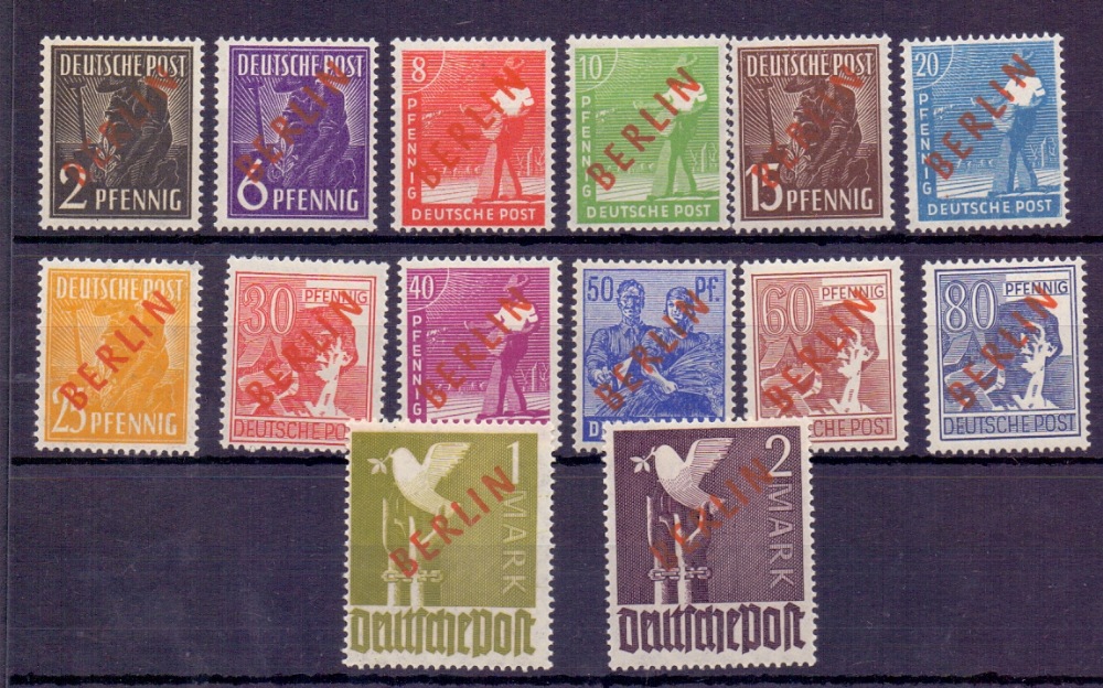 German Stamps : 1949 set of 14 with 'Berlin' overprints in red, lightly M/M, SG B21-34.