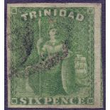 Stamps : Trinidad, 1859 6d deep green, four margin imperf, f/u with ironed out corner crease, SG 28.