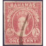 BAHAMAS STAMPS 1859 1d 4 margin example with pen cancel SG 1 Cat £2250 as used