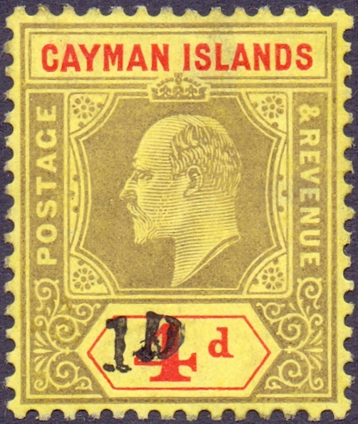 CAYMAN ISLANDS STAMPS : 1908 1d on 4d black & red/yellow mounted mint.