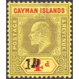 CAYMAN ISLANDS STAMPS : 1908 1d on 4d black & red/yellow mounted mint.