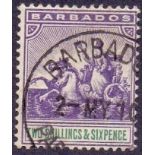 BARBADOS STAMPS : 1903 2/6d violet & green, wmk Crown CA, fine used, SG 115. Cat £300.