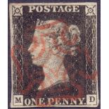 GREAT BRITAIN STAMPS Penny Black plate 5 (MD) four margin example with red MX