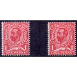 GREAT BRITAIN STAMPS : GEORGE V: 1911 Downey Head 1d Deep Carmine and Deep Bright Carmine shade U/M