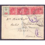 GREAT BRITAIN POSTAL HISTORY : 1902 registered envelope London to Paris with 5 x 1d and 1 x 2d,