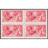 GREAT BRITAIN STAMPS : 1915 De La Rue Seahorse; 5/- bright carmine in a fine unused block of four.