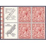 GREAT BRITAIN STAMPS : 1912 1 1/2d Red Brown lightly mounted mint ADVERT pane (salvage re-adhered