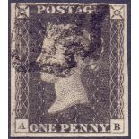 GREAT BRITAIN STAMPS : PENNY BLACK Plate 11 (AB) Superb four margin example 1d Greyish Black,