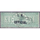 GREAT BRITAIN STAMPS : 1891 £1 Green over printed IR OFFICIAL, very fine used,