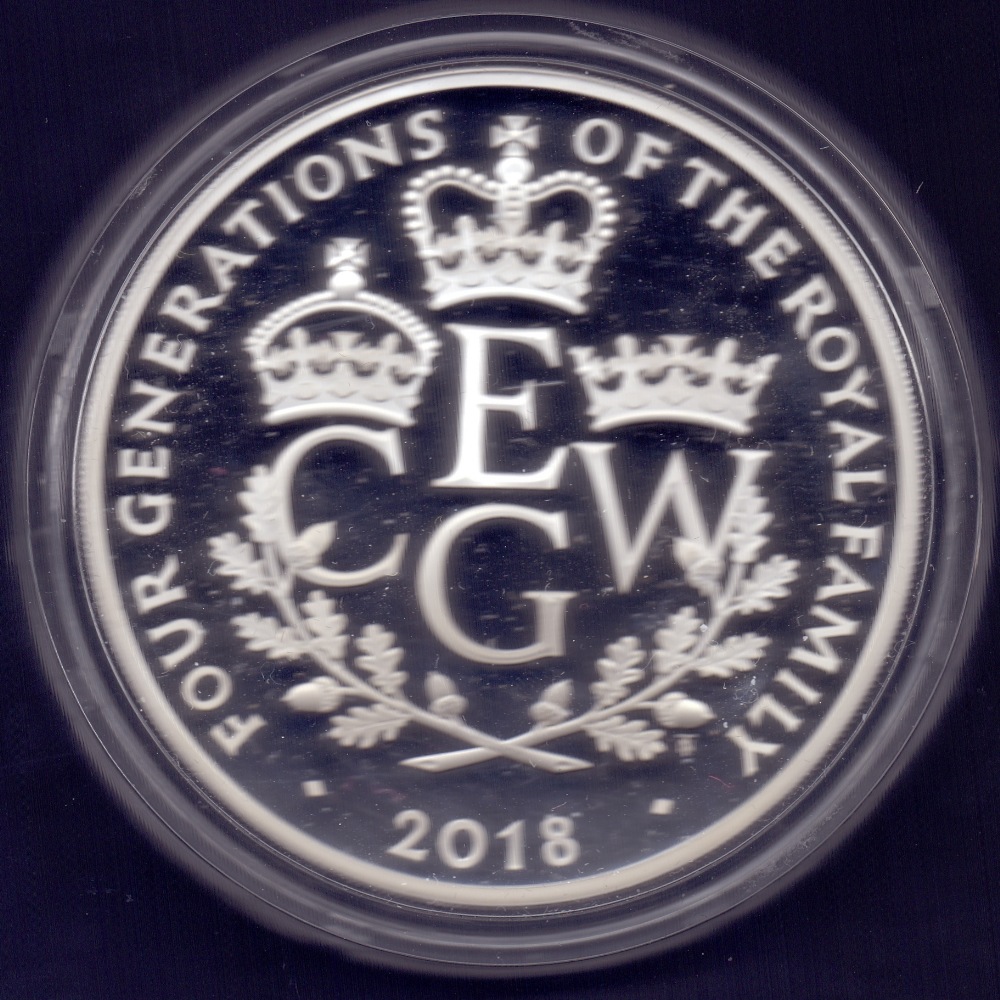 COINS : 2018 UK Five Ounce solid silver proof coin for "Four Generations" housed in special display