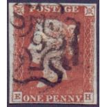 GREAT BRITAIN STAMPS : 1841 1d Red , very fine four margin example cancelled by upright No.