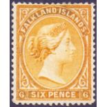 FALKLANDS STAMPS : 1891 6d Orange Yellow heavily mounted mint SG 33 Cat £325