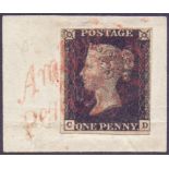 GREAT BRITAIN STAMPS : PENNY BLACK Plate 8 (CD) superb four margin example on small piece,