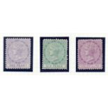 DOMINICA STAMPS : 1874 QV 1d, 6d & 1/- mounted mint, wmk Crown CC, perf 12.5, SG 1-3.