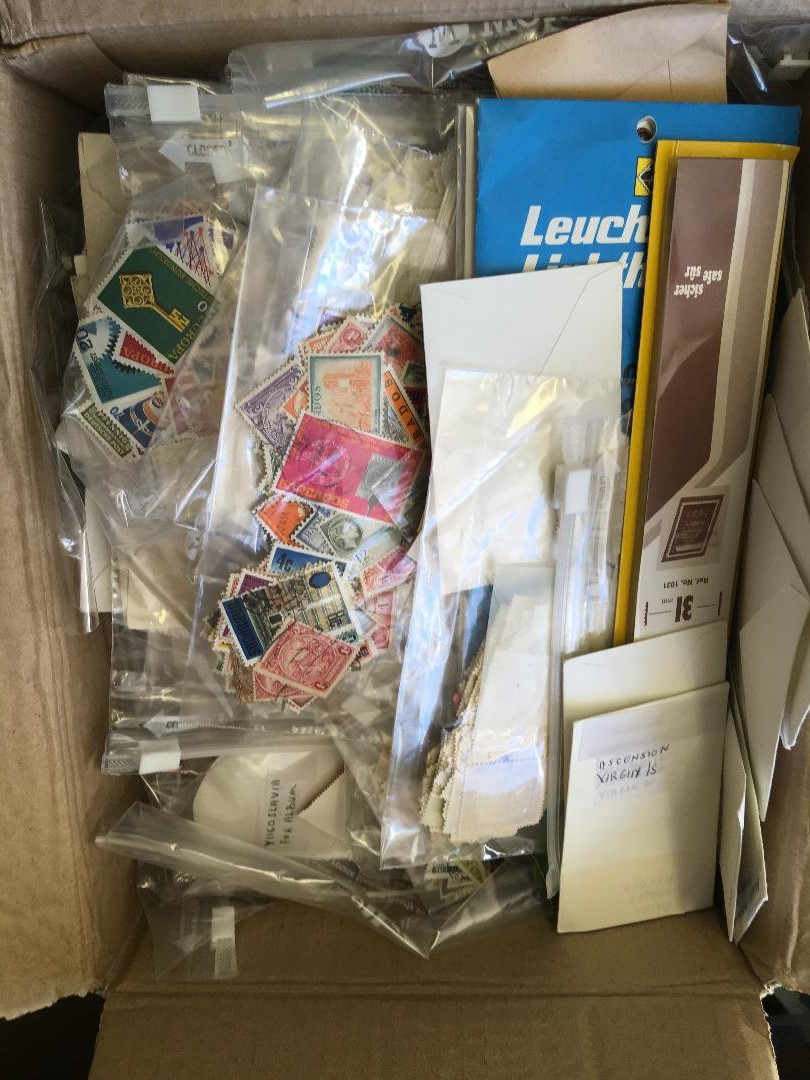 STAMPS : Box of loose World stamps mainly off paper in bags,